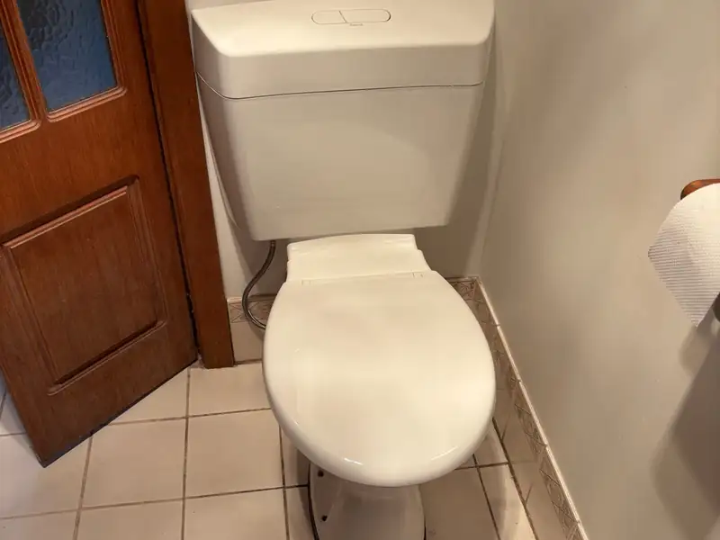 New white toilet cistern and seat fitted in a tiled toilet room beside a timber door