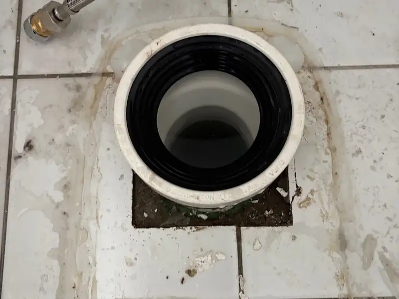 Toilet pan connector exposed in a tiled bathroom floor with the toilet removed during drain work