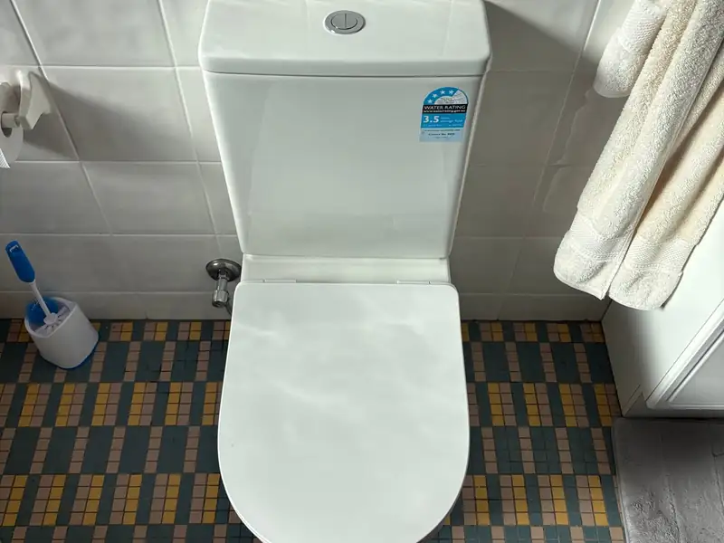 Close-coupled toilet suite with a water rating label on a mosaic tiled bathroom floor