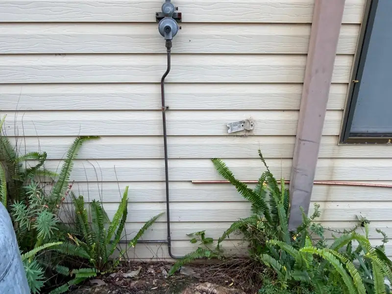 Old gas regulator and pipe on a clad exterior wall before compliance work, ferns below