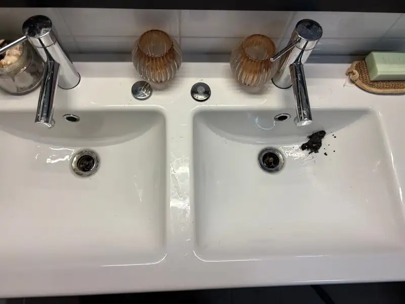 Cleared double basin with the removed blockage beside the drain after clearing