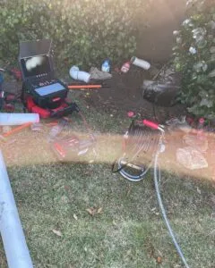 Drain inspection camera and drainage equipment set up in a backyard